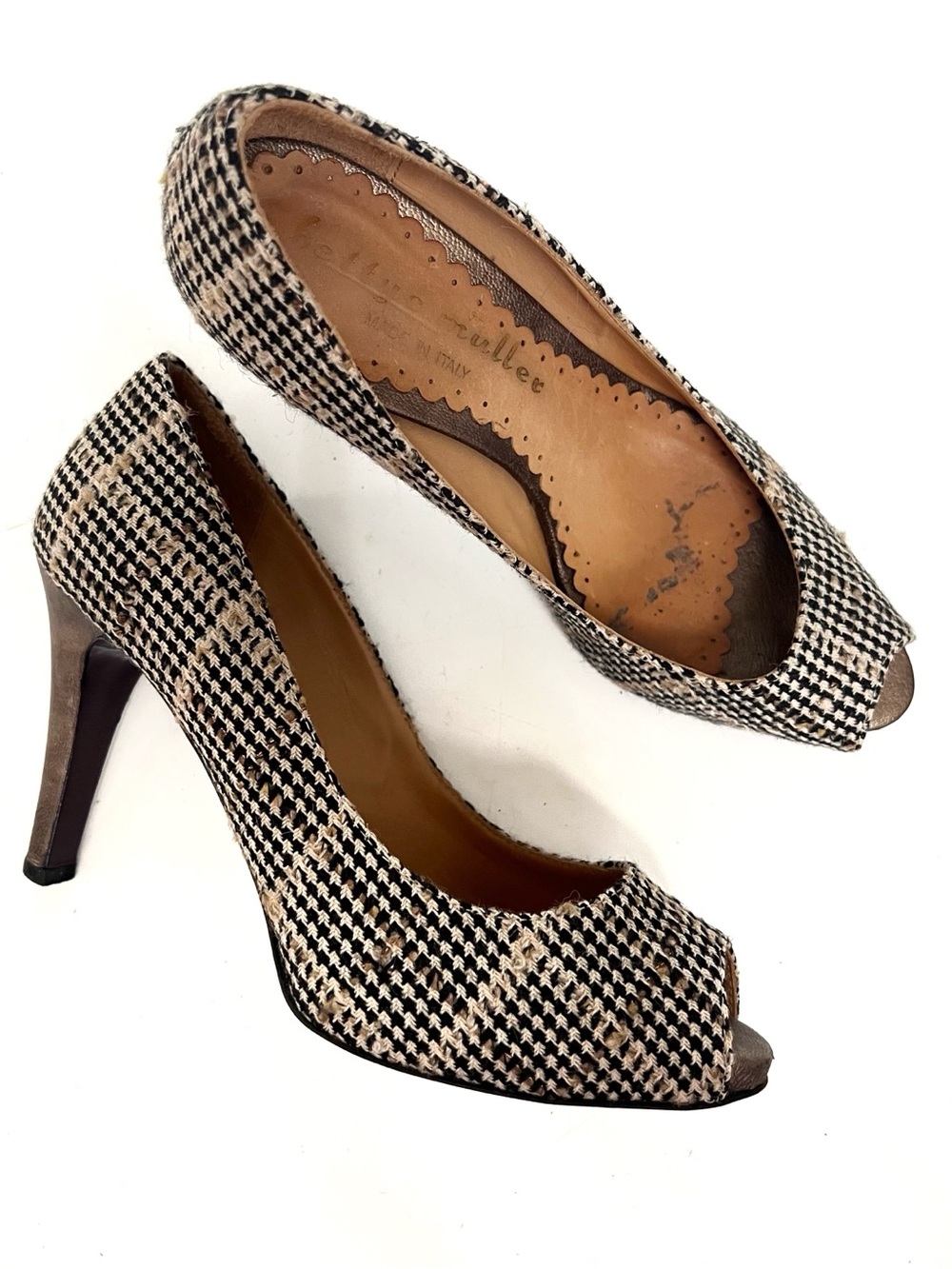 Bettye Muller Italy Tweed Peep Toe Heels EU 37